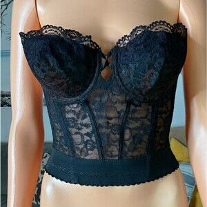 VTG Union label Cheers Style 157 Black Lace Longline bustier bra 32 Cup C